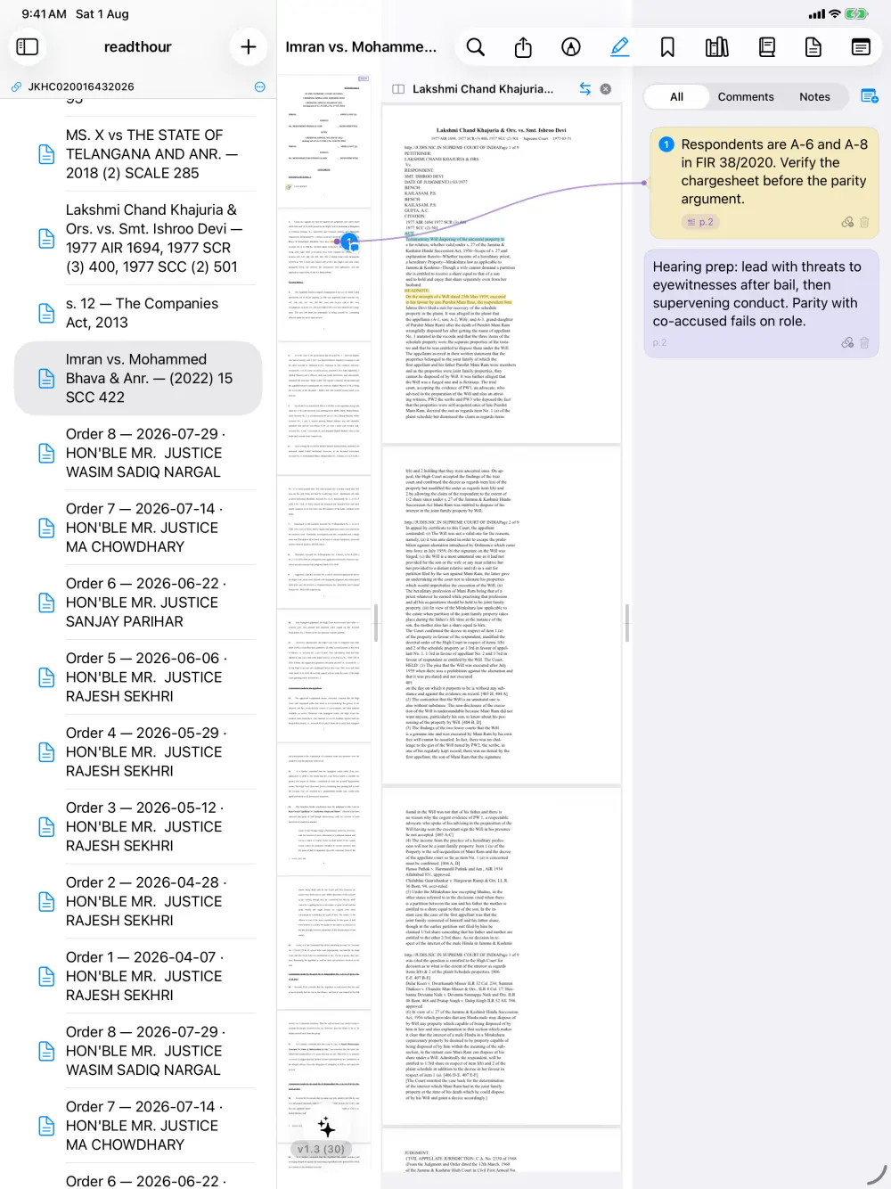 Two judgments open side by side, each with its own highlights