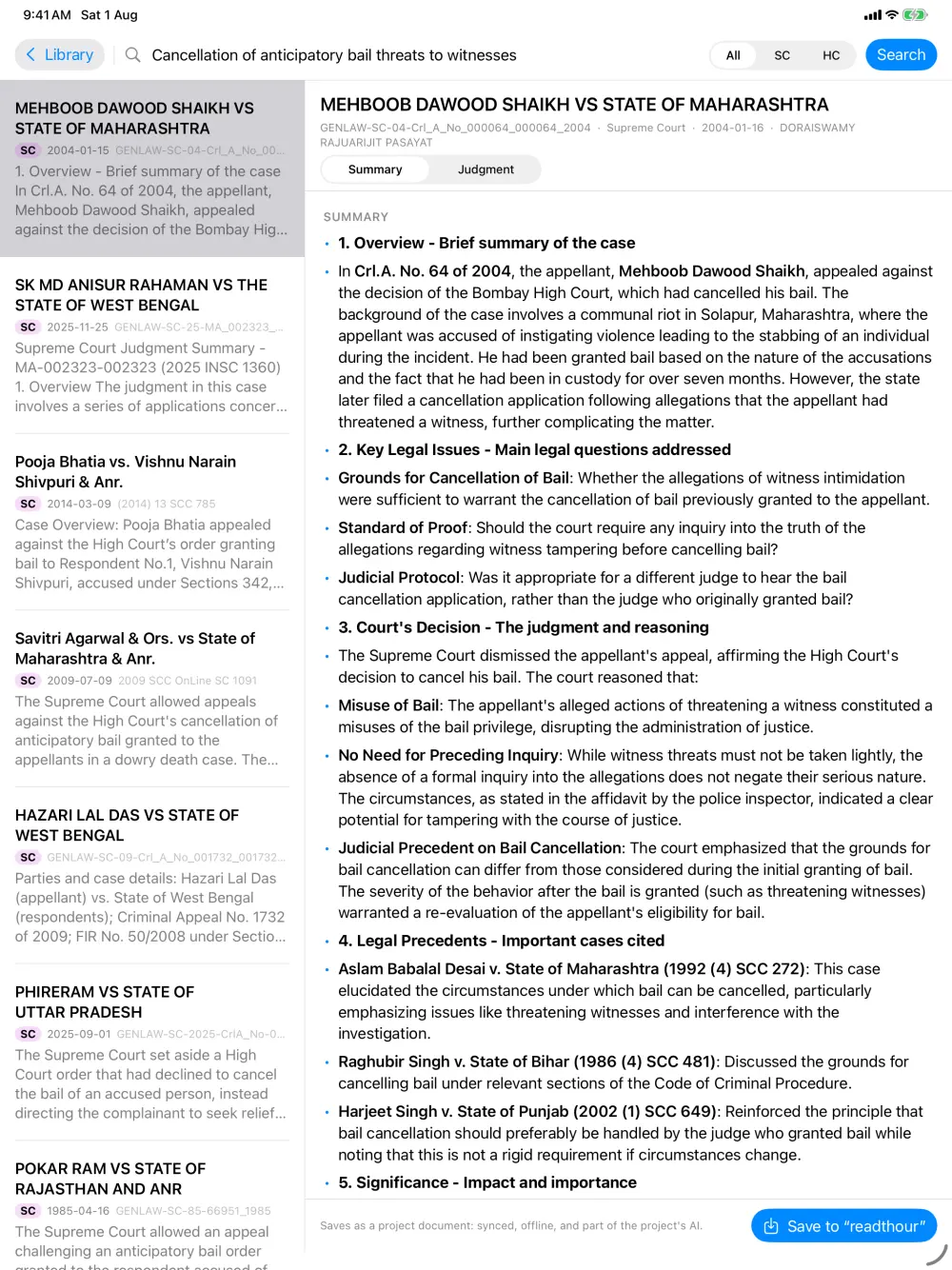 Case-law search results with a structured summary of issues, holding and precedents