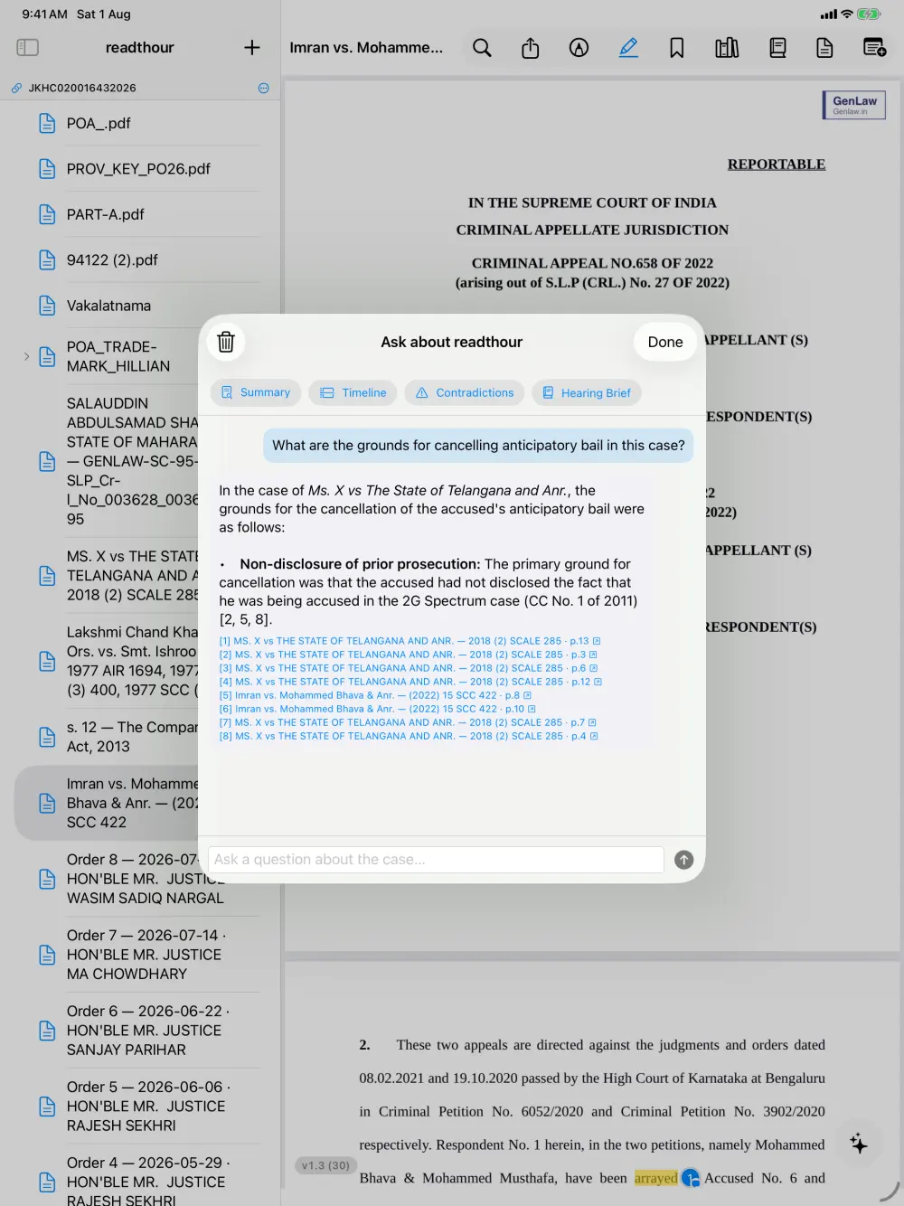 An answer about the case with page-level citations back to the documents