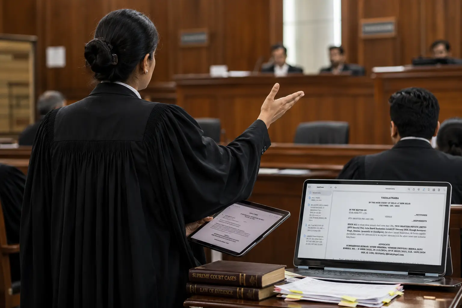 An advocate addressing the bench, with GL Reader open on a tablet and a laptop